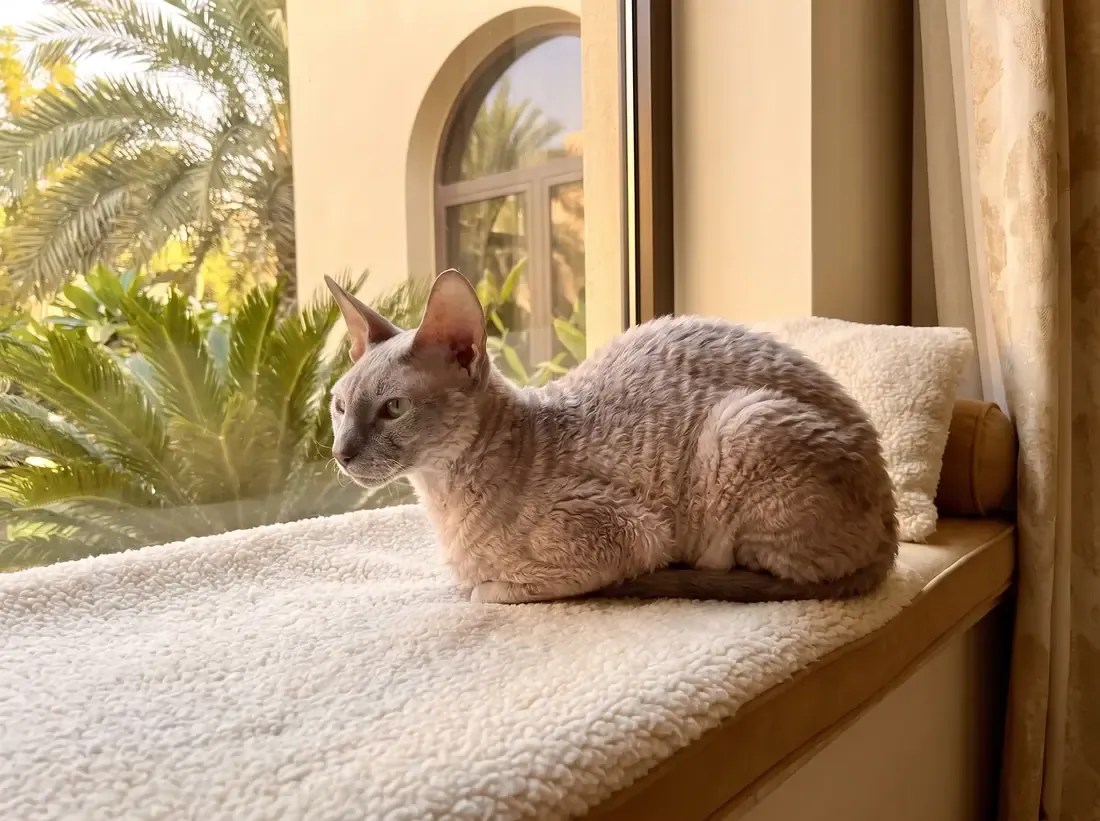 Cornish Rex in Dubai, an older lilac cat resting on a cushioned window seat, eyes open, palms outside