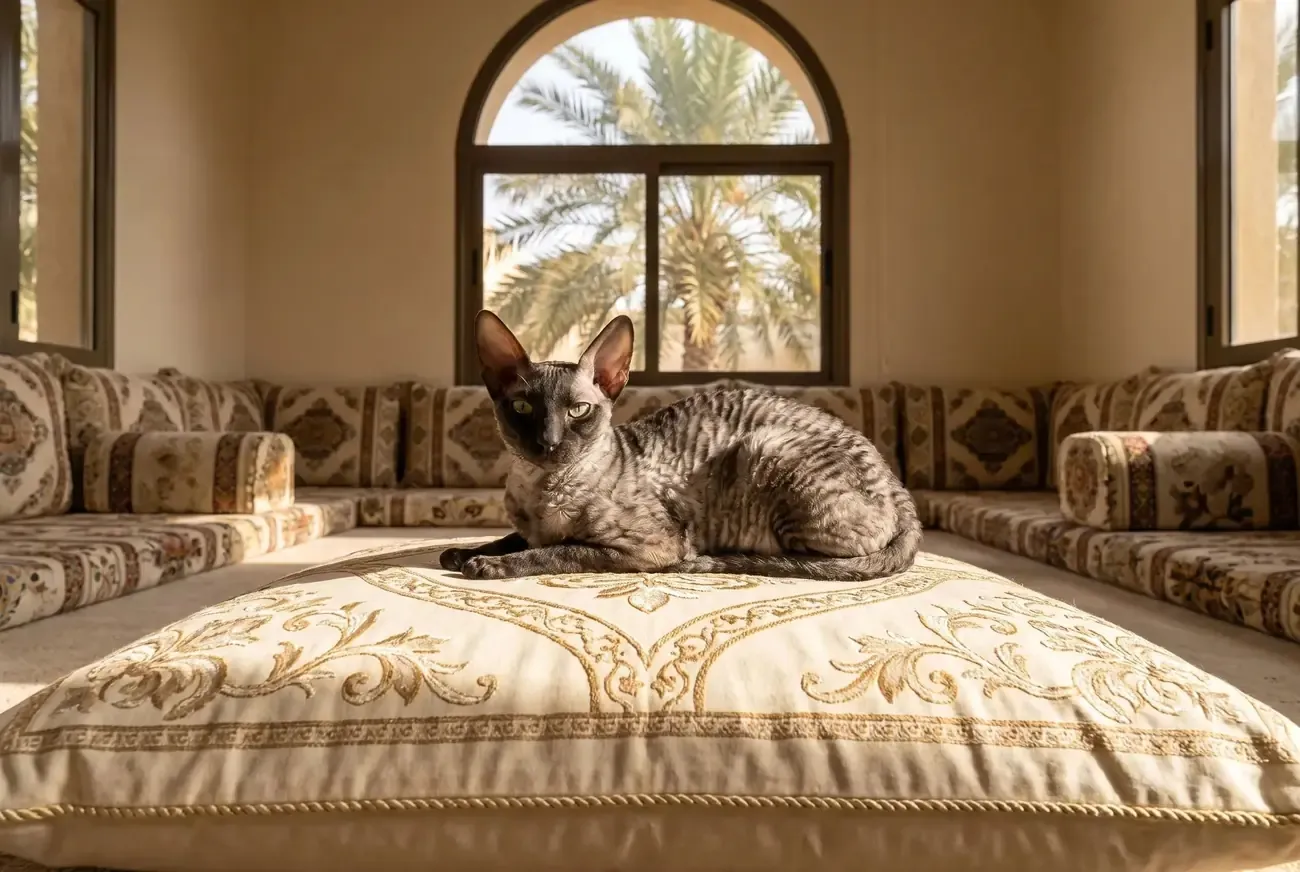 Cornish Rex in Dubai, a black smoke cat lying on a majlis cushion, date palms through an arched window