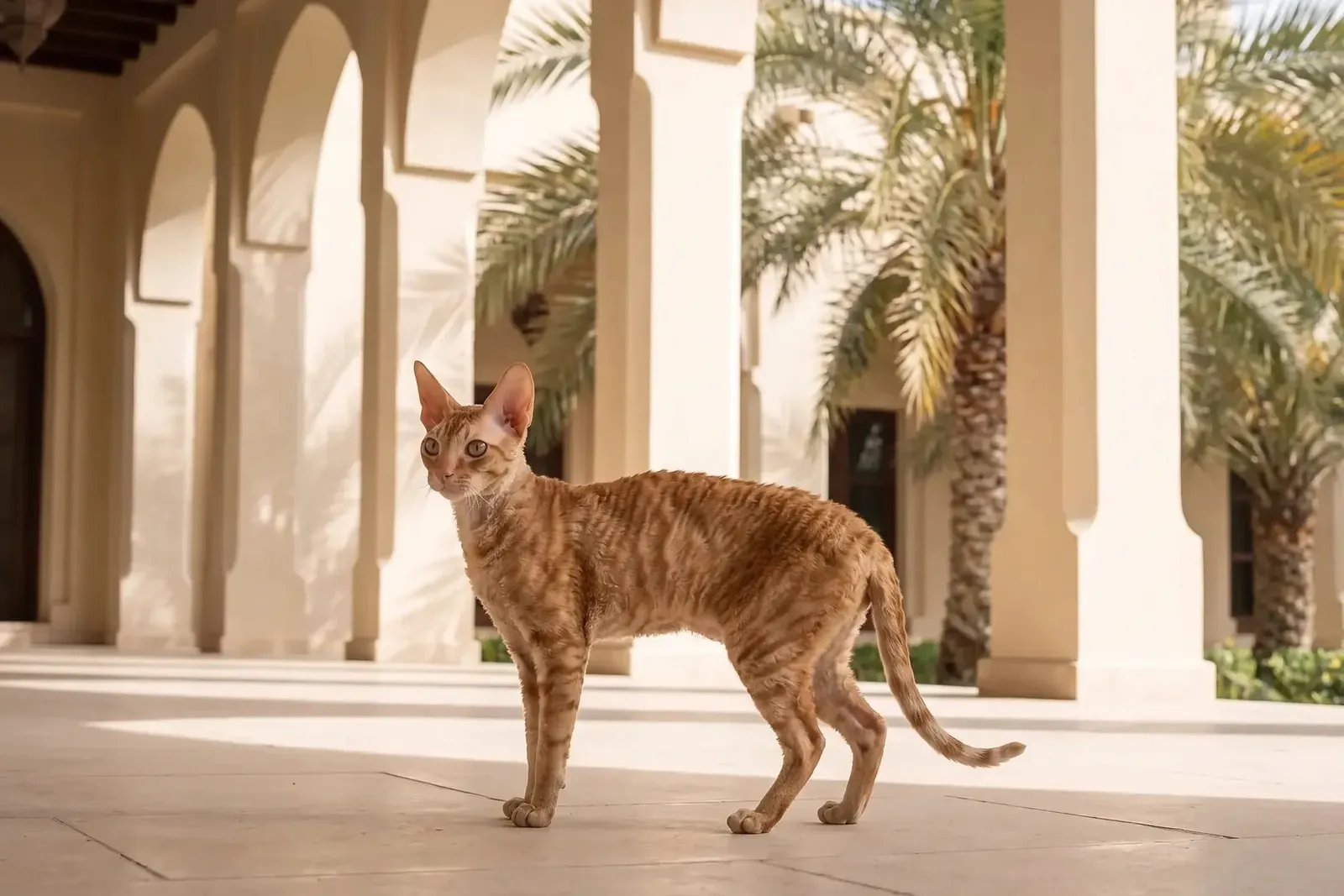 Cornish Rex history, the breed today, a red tabby on a villa terrace, Dubai, 2026
