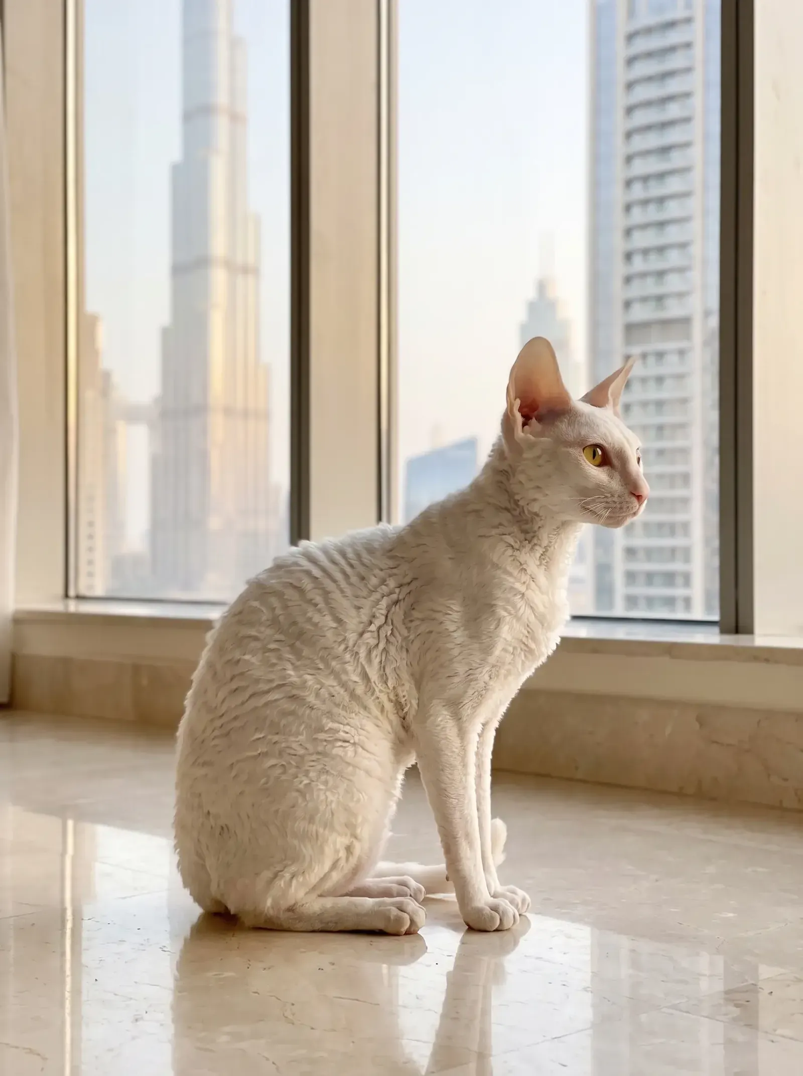Cornish Rex in Dubai, the same white cat sitting on cool marble, the Dubai skyline behind