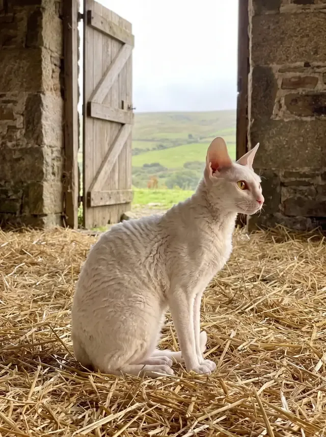 Cornish Rex, a white cat sitting on straw in an old stone barn, Cornish moorland beyond