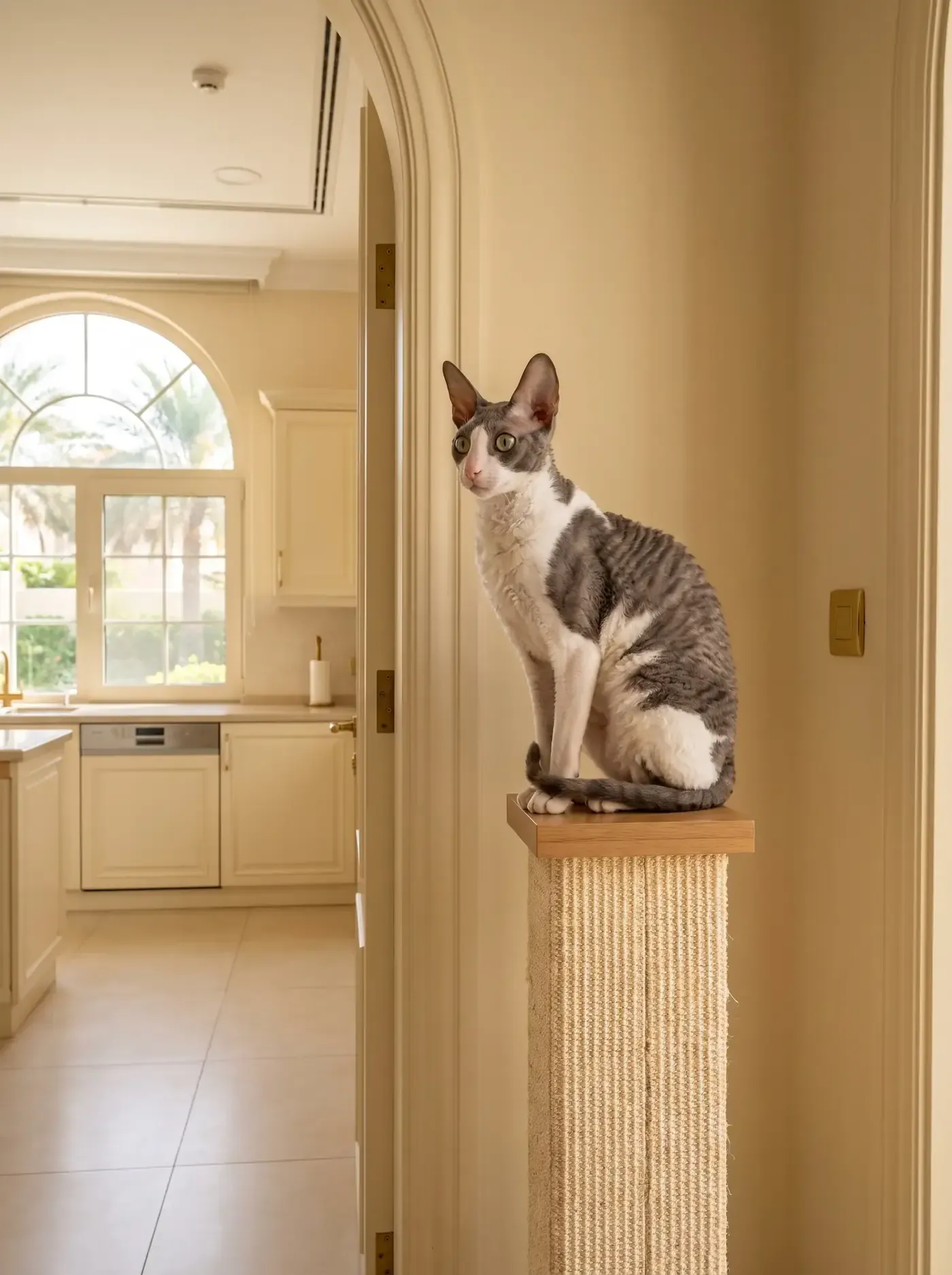 Cornish Rex in Dubai, a blue and white cat on a cat post by a villa kitchen, palms through the window