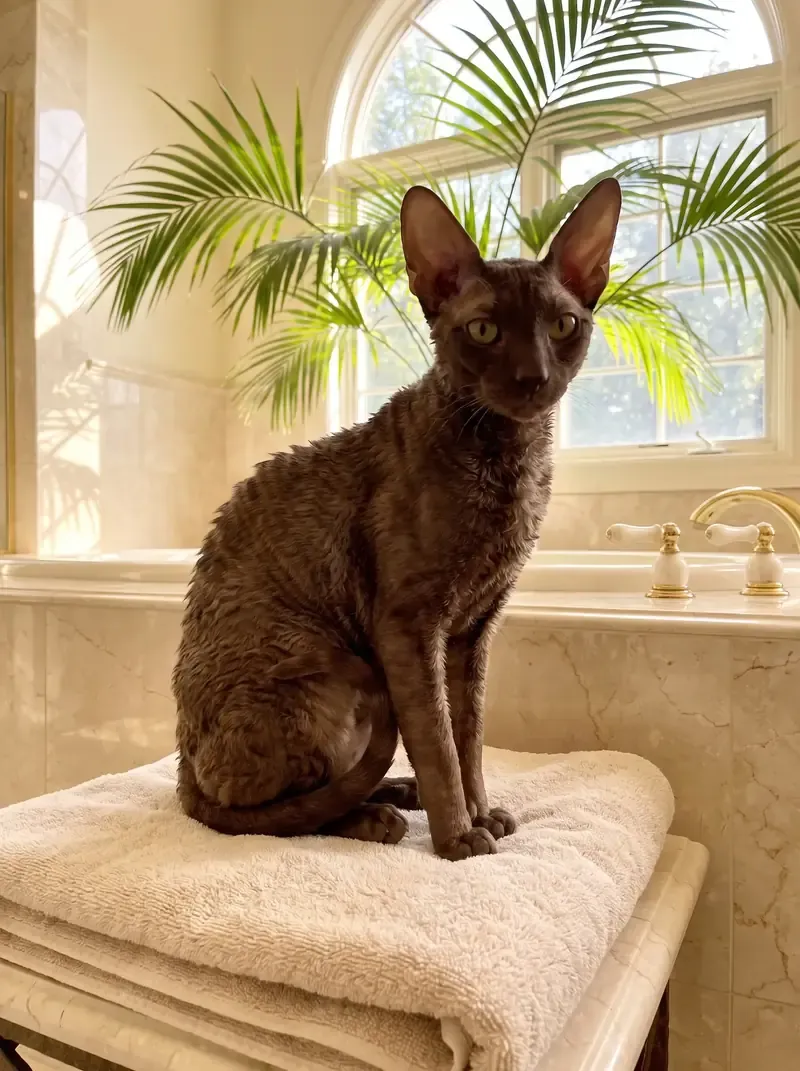 Cornish Rex in Dubai, a chocolate cat sitting on a towel after a bath, palm fronds at the window