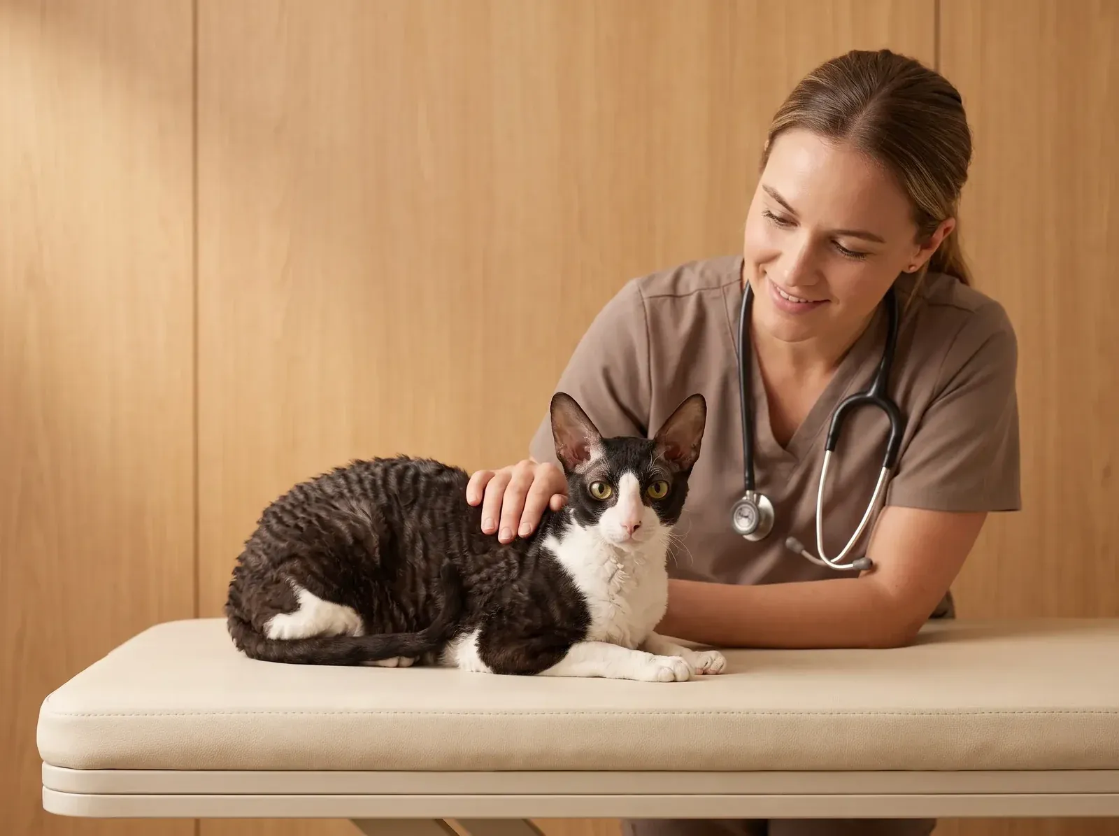 Cornish Rex, a black and white cat lying on a padded table, a vet in taupe scrubs with a hand on their back