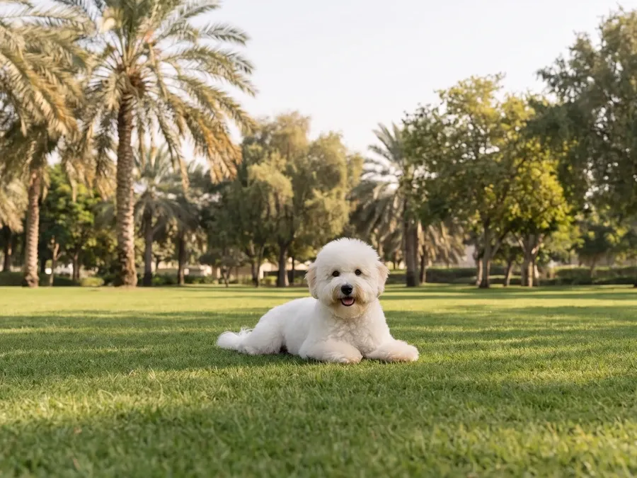 Coton de Tulear in Dubai, a white adult lying on a park lawn with date palms behind