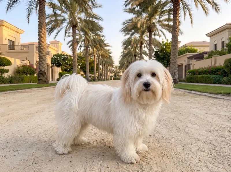 Coton de Tulear in Dubai, a white adult standing on a sandy path lined with date palms