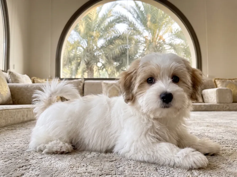 Coton de Tulear in Dubai, a white puppy with tan ears lying on a rug in a majlis, palms behind