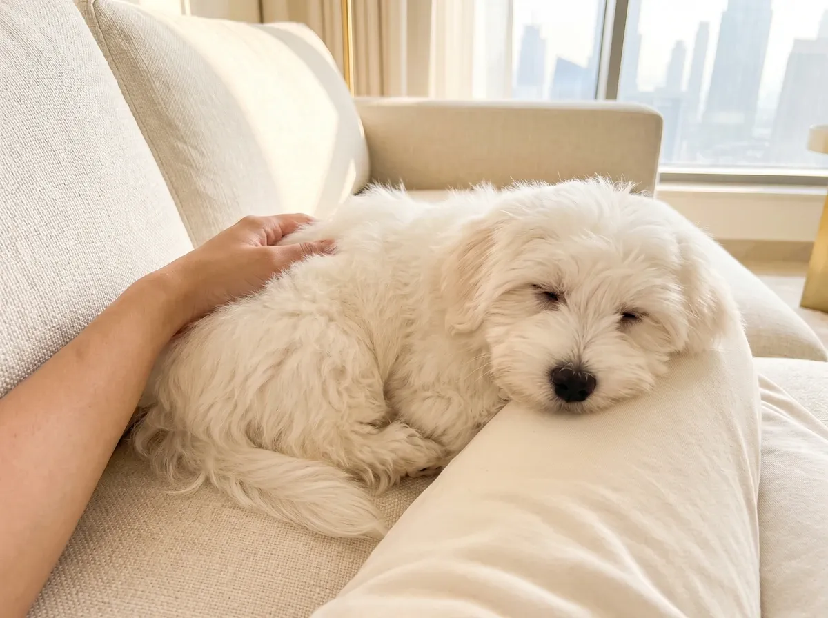Coton de Tulear in Dubai, a white puppy asleep across a pet parent's lap, the skyline behind
