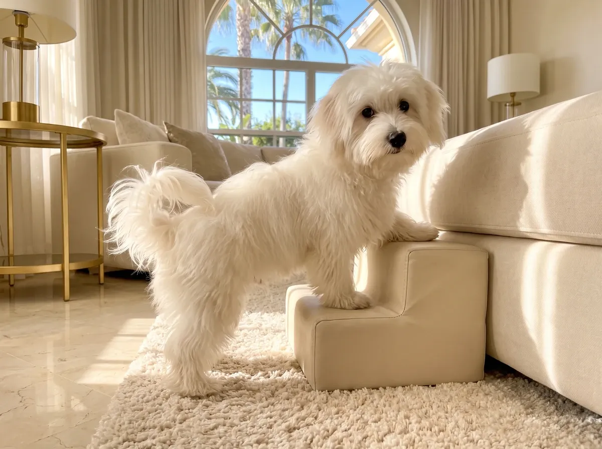 Coton de Tulear in Dubai, a young white dog climbing a pet step to a sofa, palms through the window