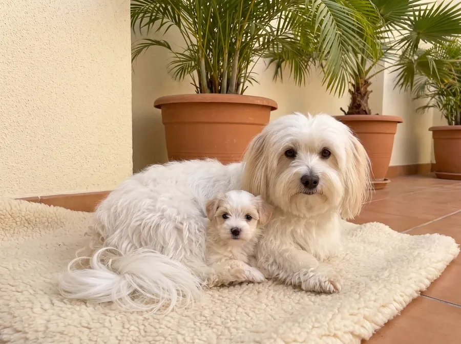 Coton de Tulear in Dubai, a white mother lying with one puppy on a terrace with potted palms