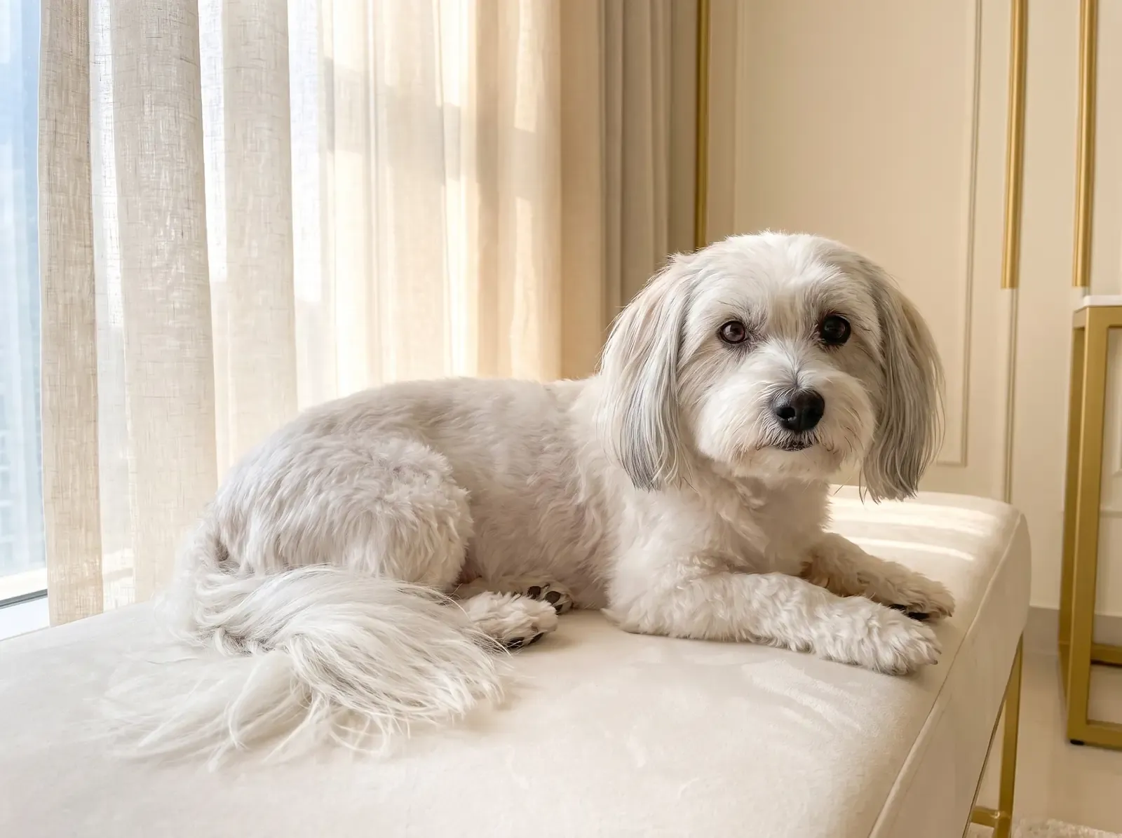 Coton de Tulear, an older white dog with grey-shaded ears resting on a cream cushion by a window