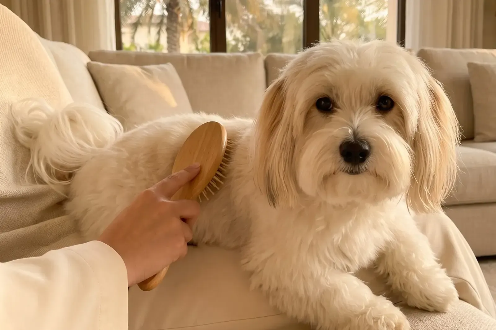Coton de Tulear history, a white adult brushed gently on a lap, palms through an arched window