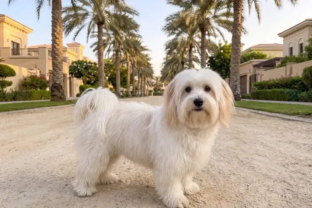 Coton de Tulear history, a white adult standing on a sandy path lined with date palms and villas