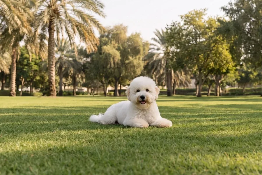 Coton de Tulear history, the breed today, a white adult lying on a park lawn with date palms, Dubai, 2026