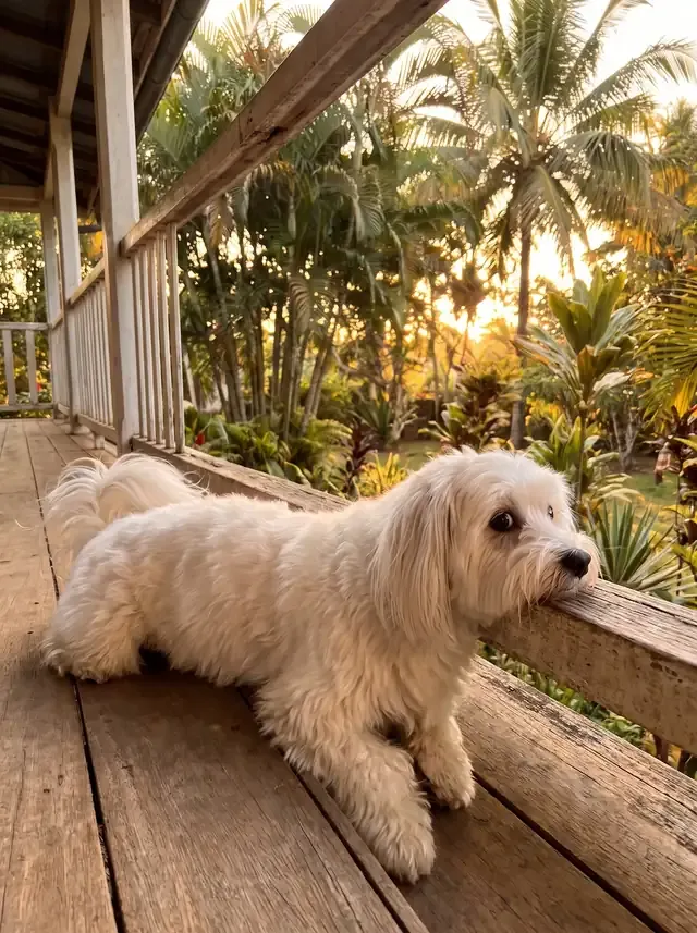Coton de Tulear, a white adult resting their chin on the rail of a timber veranda in a tropical garden