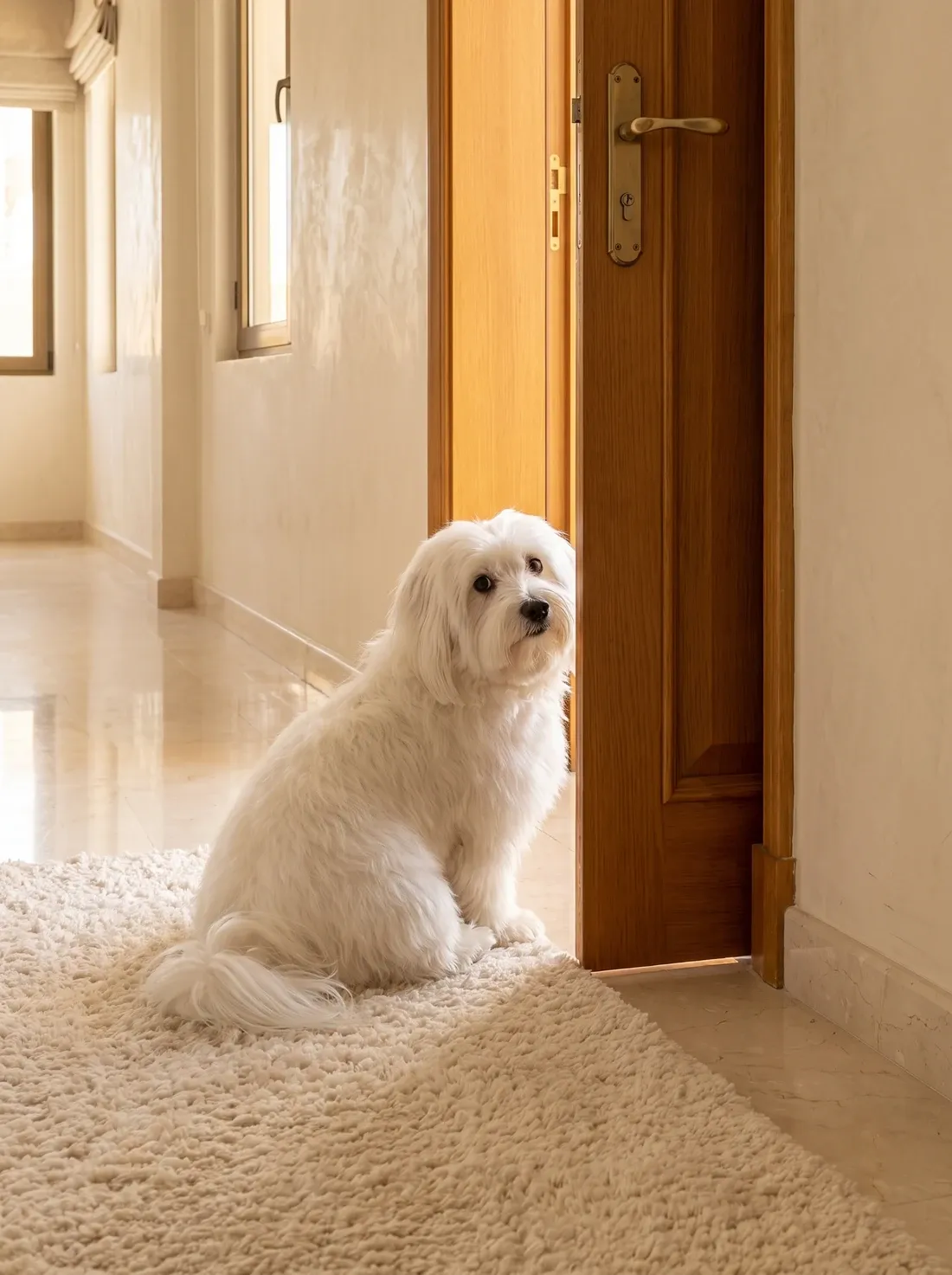 Coton de Tulear, a white adult sitting on a rug by a half-open door in a marble hallway