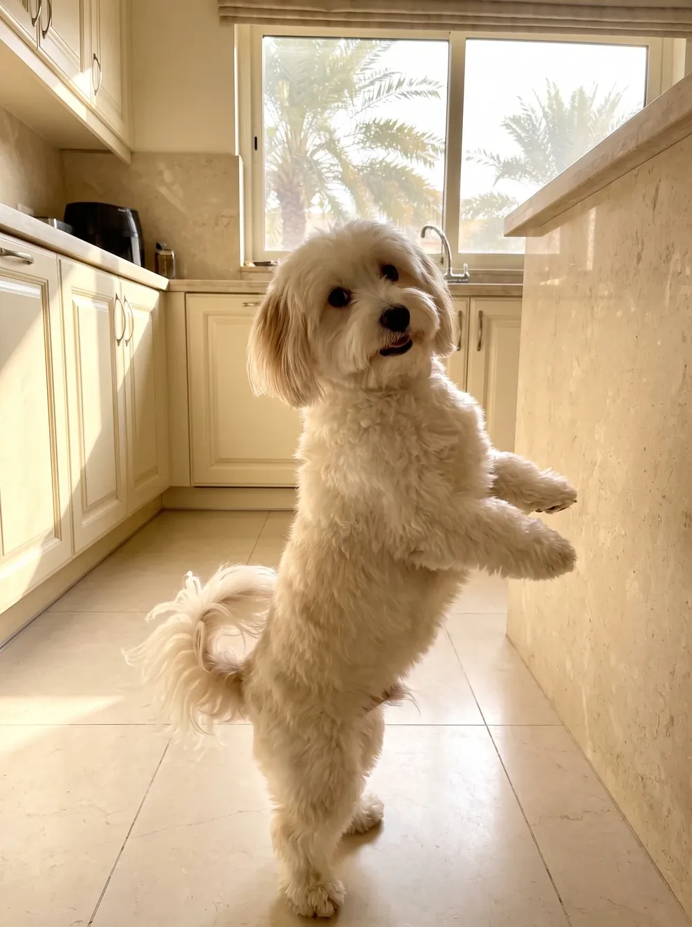 Coton de Tulear in Dubai, a white adult up on their back legs in a villa kitchen, palms through the window