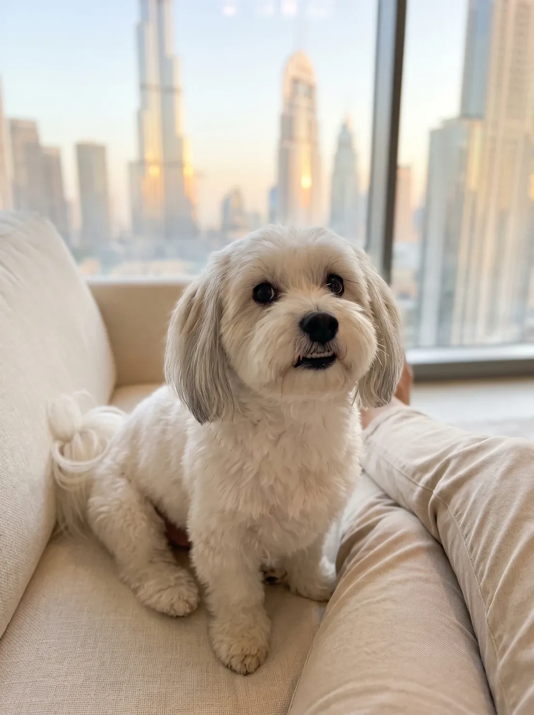 Coton de Tulear in Dubai, a white adult on a sofa looking up at their pet parent, the skyline behind