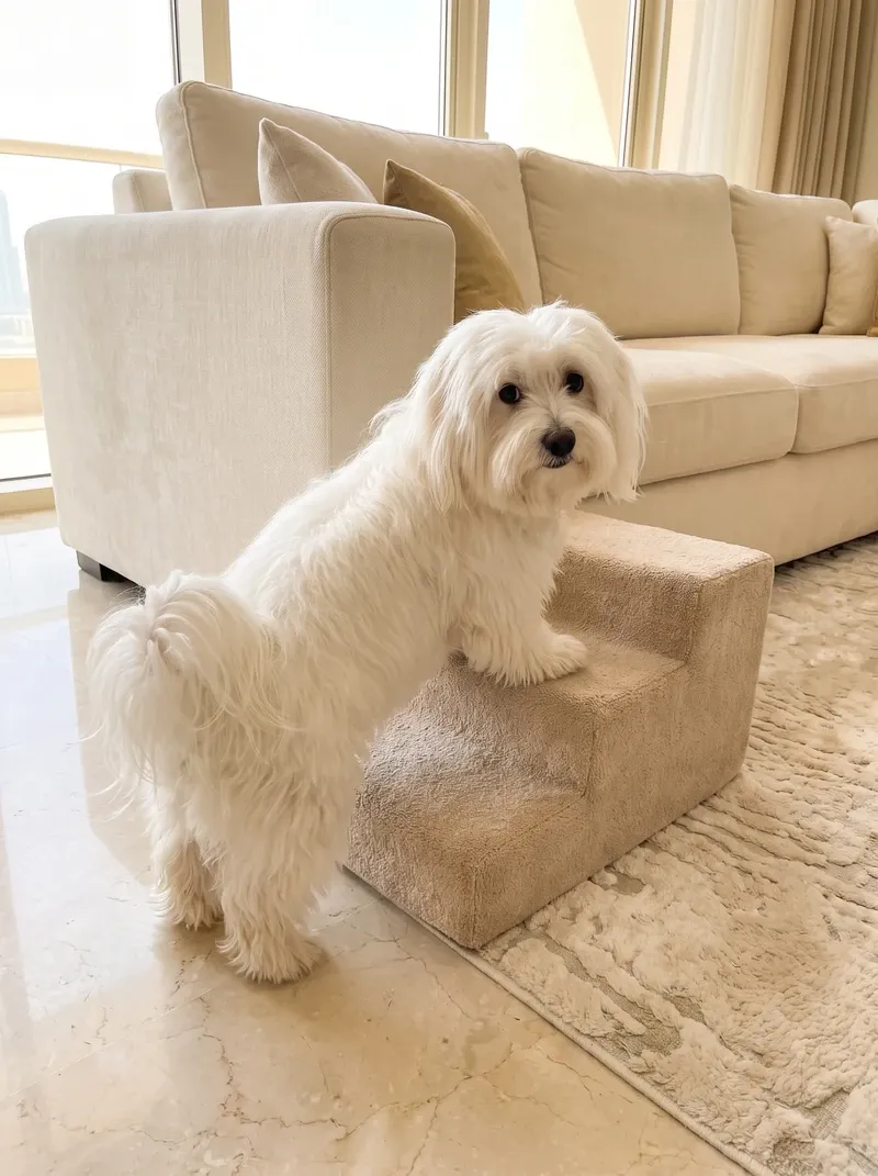 Coton de Tulear, a white adult climbing carpeted pet steps beside a cream sofa
