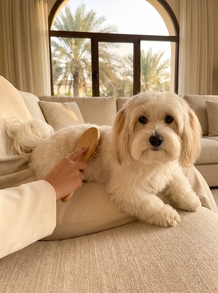 Coton de Tulear in Dubai, a white adult brushed gently on a lap, an arched window onto palms behind