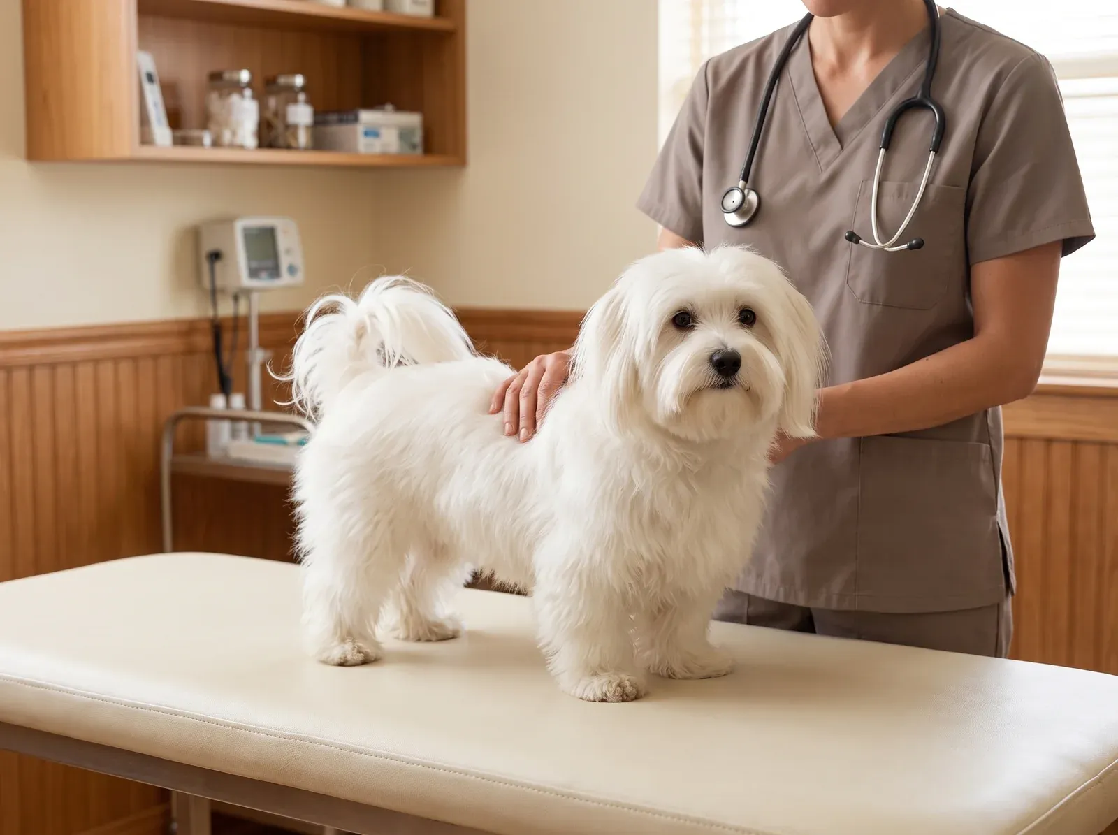 Coton de Tulear, a white adult on an examination table as a vet in taupe scrubs rests a hand on their back
