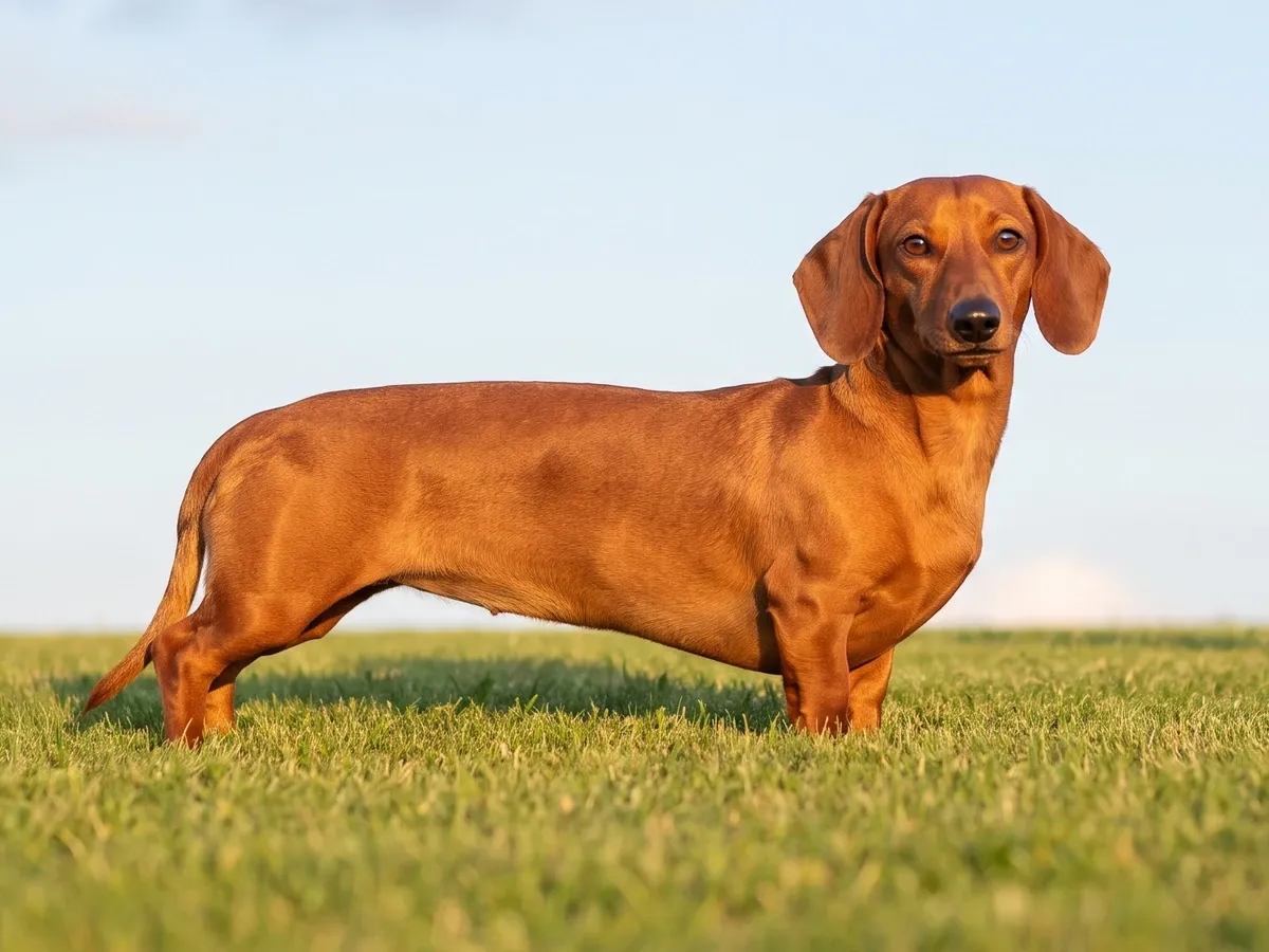 Dachshund, a smooth red adult standing side-on on a lawn under a clear sky