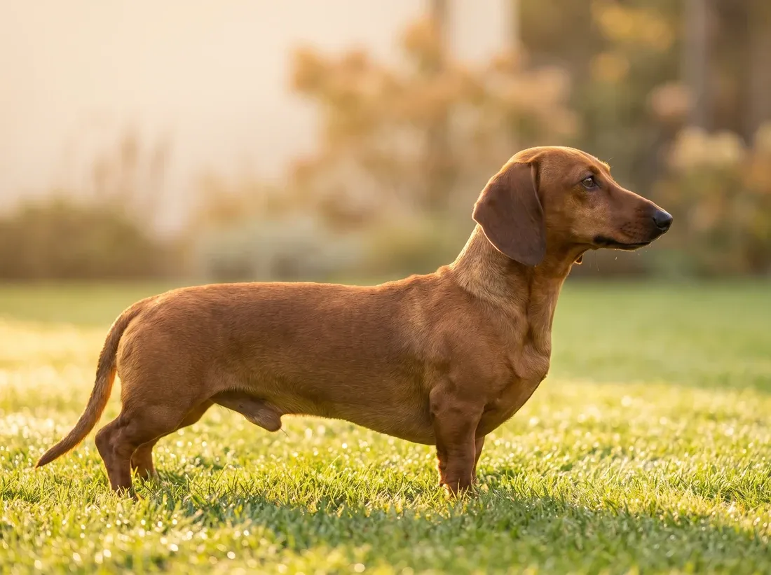 Dachshund, a smooth red adult standing side-on on a lawn, showing the long, low build