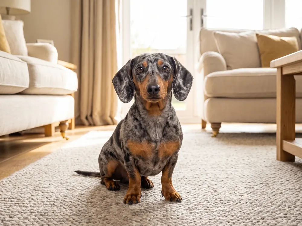 Dachshund, a silver dapple adult with tan points sitting on a woven rug in a bright room