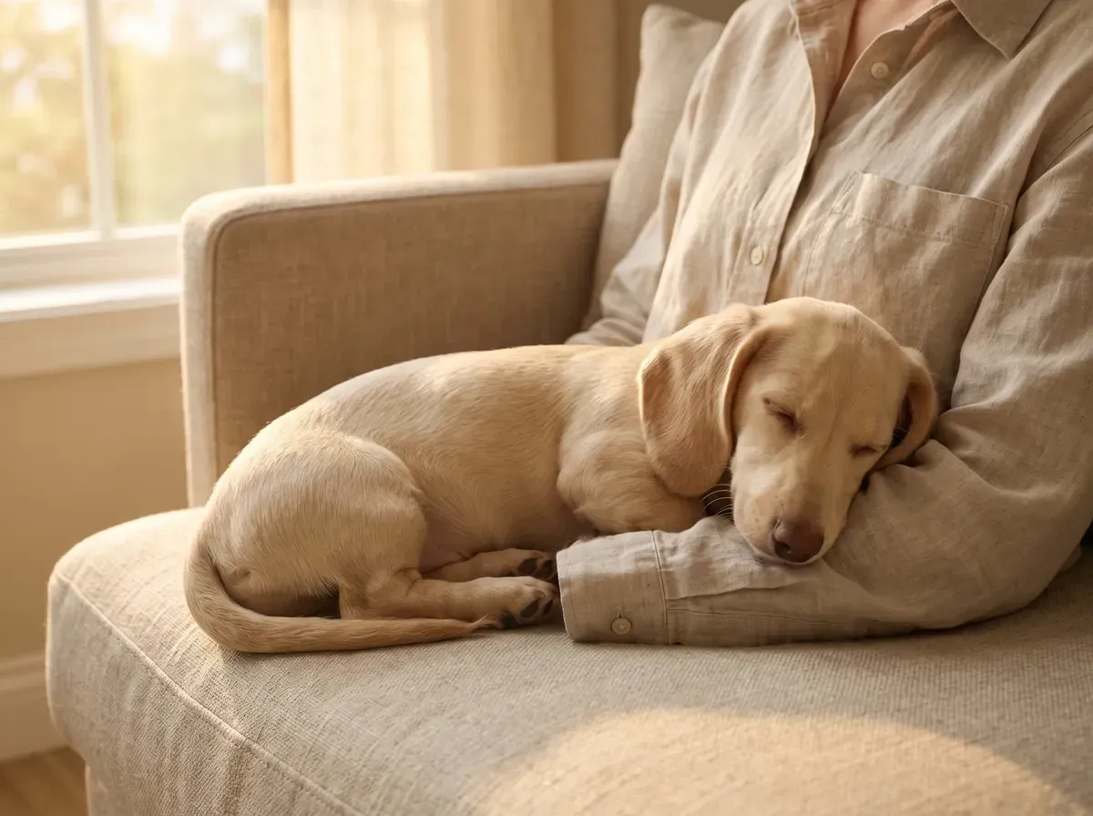 Dachshund, a cream puppy asleep in a pet parent's lap on the sofa