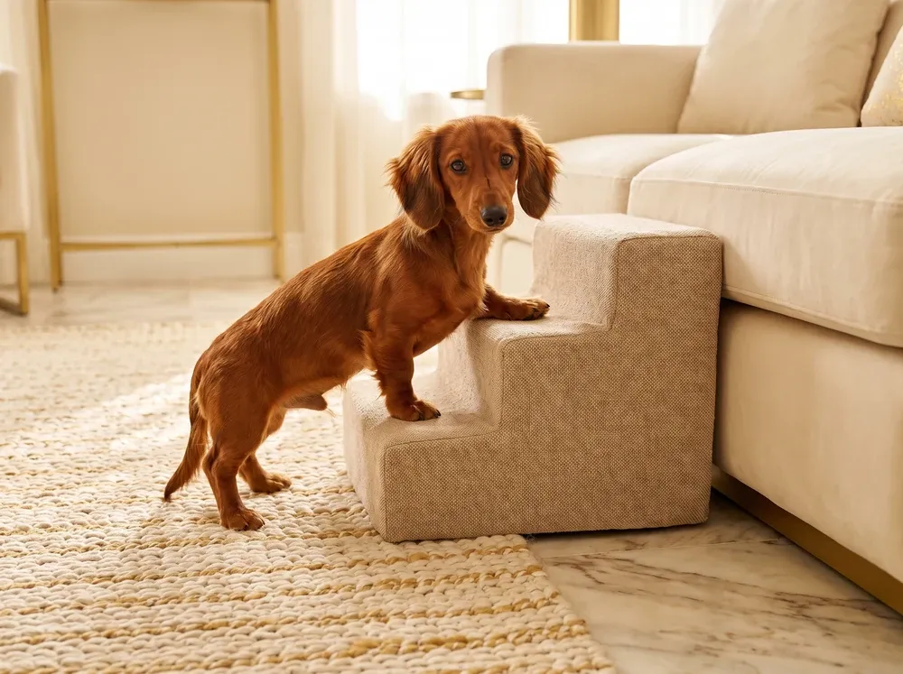 Dachshund, a long-haired red puppy climbing carpeted pet steps up to a cream sofa