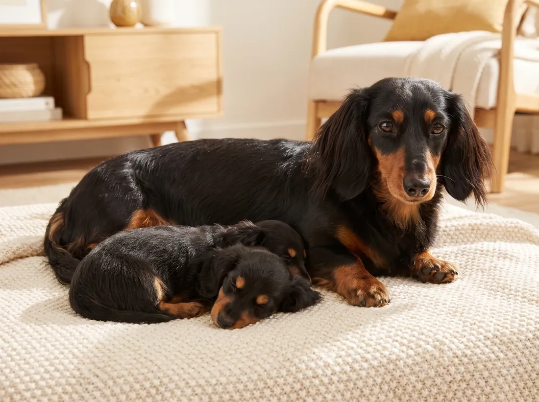 Dachshund, a long-haired black and tan mother resting on a blanket with a sleeping puppy