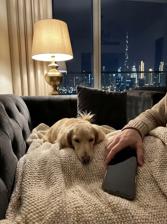 Dachshund in Dubai, a long-haired cream adult dozing under a blanket beside a pet parent at night, the skyline behind