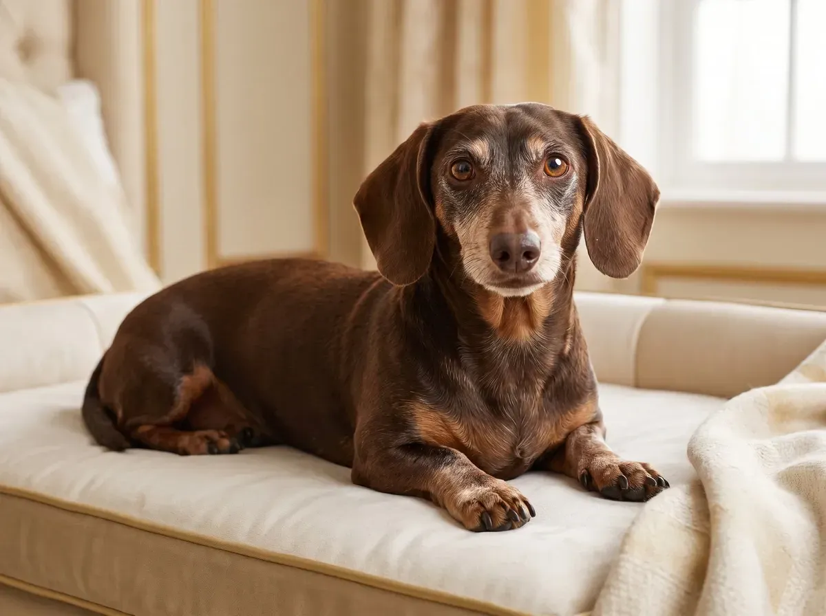 Dachshund, an older chocolate and tan dog with a greying face resting on a low padded bed