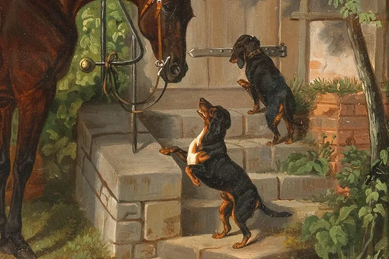 Dachshund history, a painting of two small dogs on stone steps beside a saddled horse, 1850