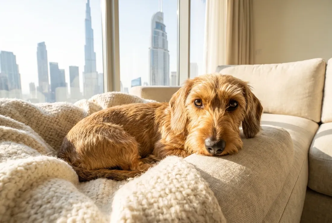Dachshund history, the breed today, a wire-haired adult curled in a blanket on a sofa, the Dubai skyline behind