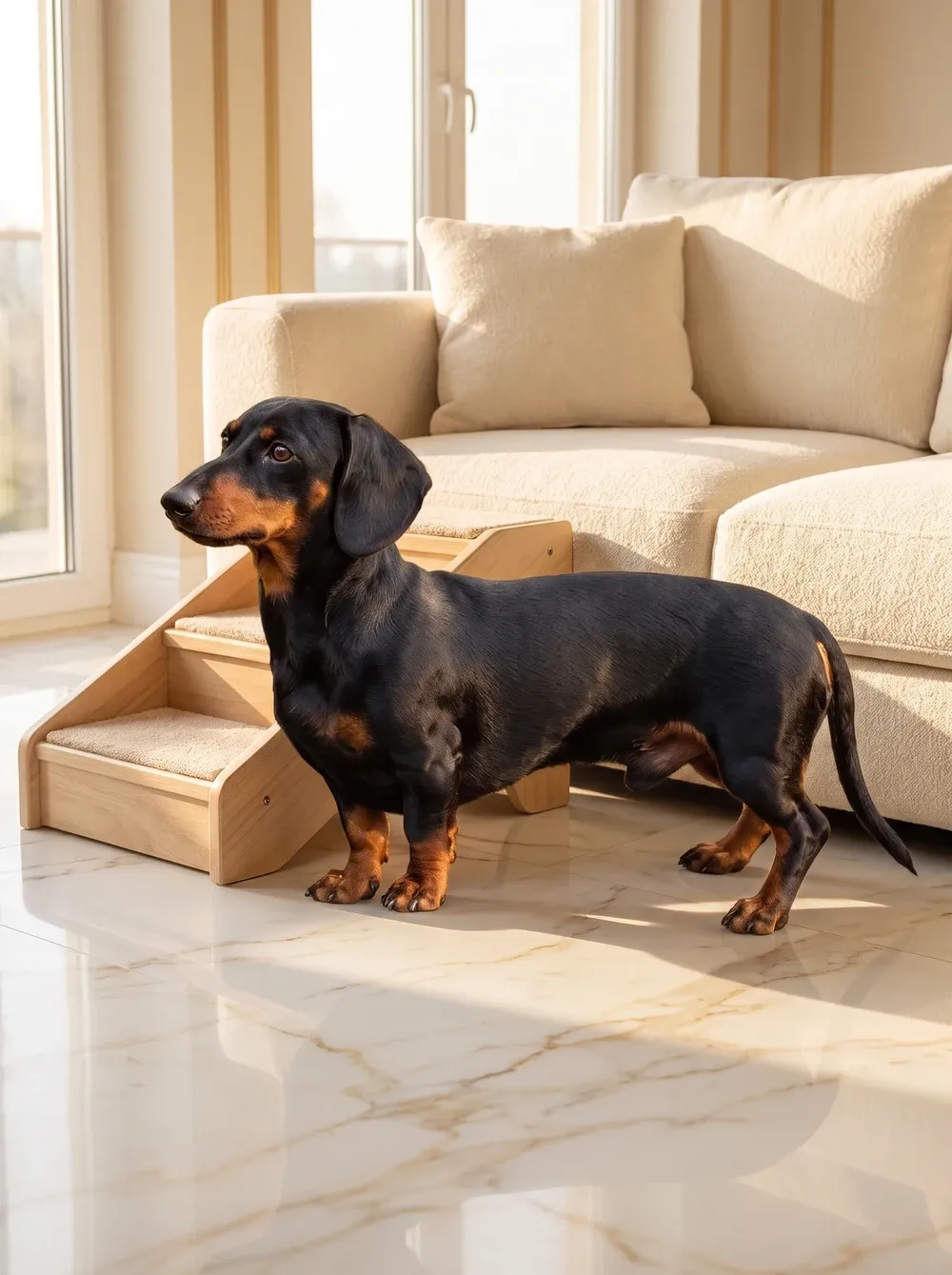 Dachshund, the same black and tan adult on a marble floor by pet steps up to a cream sofa