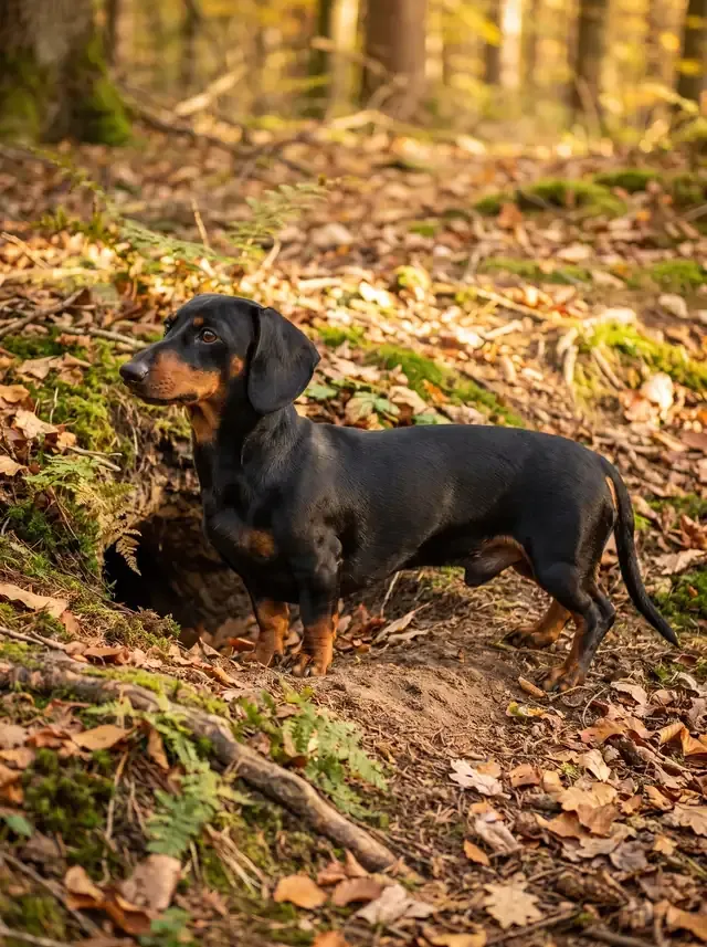 Dachshund, a black and tan adult standing by a burrow on a leafy woodland floor