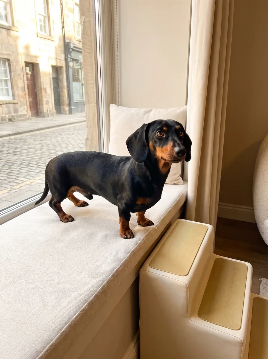 Dachshund, a black and tan adult on a window seat beside pet steps, watching the street outside
