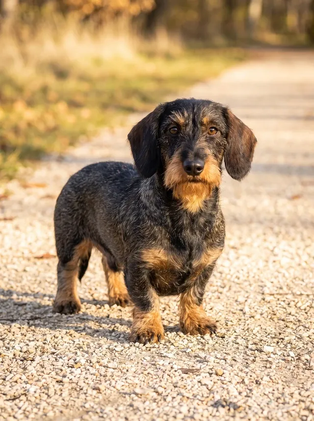 Dachshund, a wild boar wire-haired adult standing calmly on an empty sunlit park path
