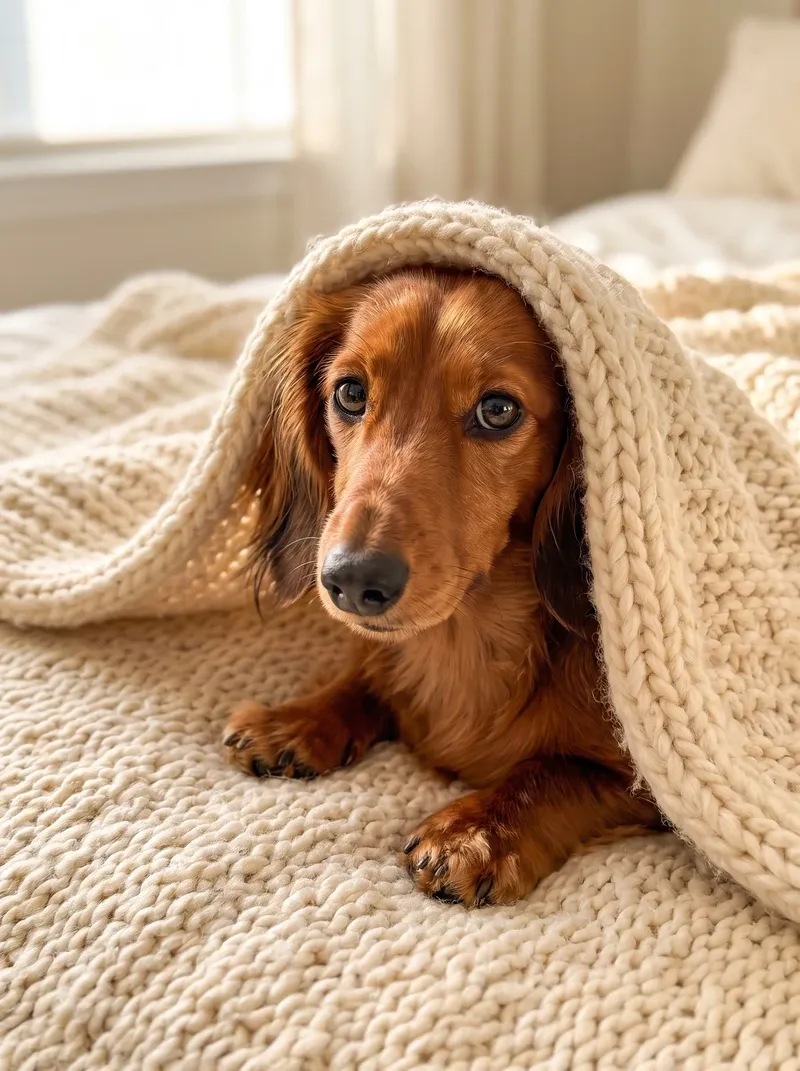 Dachshund, a long-haired red adult peeking out from under a knitted blanket on a bed