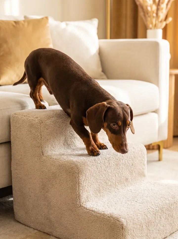 Dachshund, a chocolate and tan adult stepping carefully down pet steps from a cream sofa