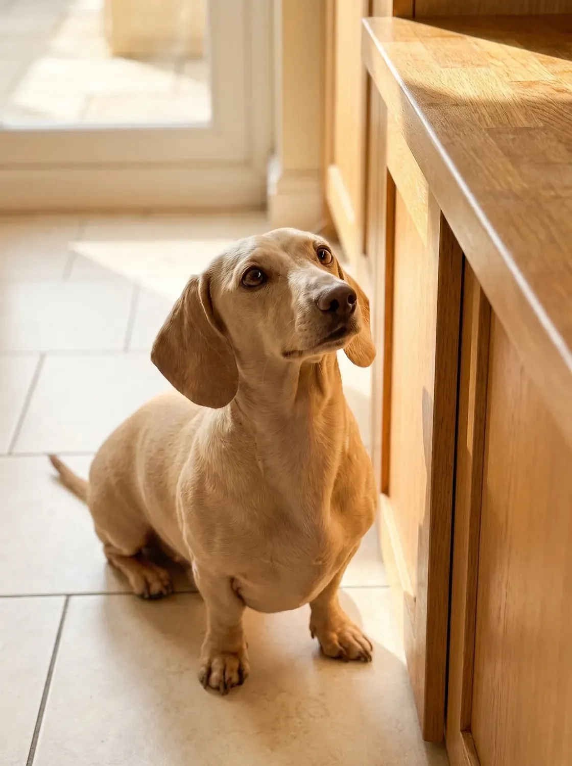 Dachshund, a cream adult sitting by a kitchen counter, looking up hopefully