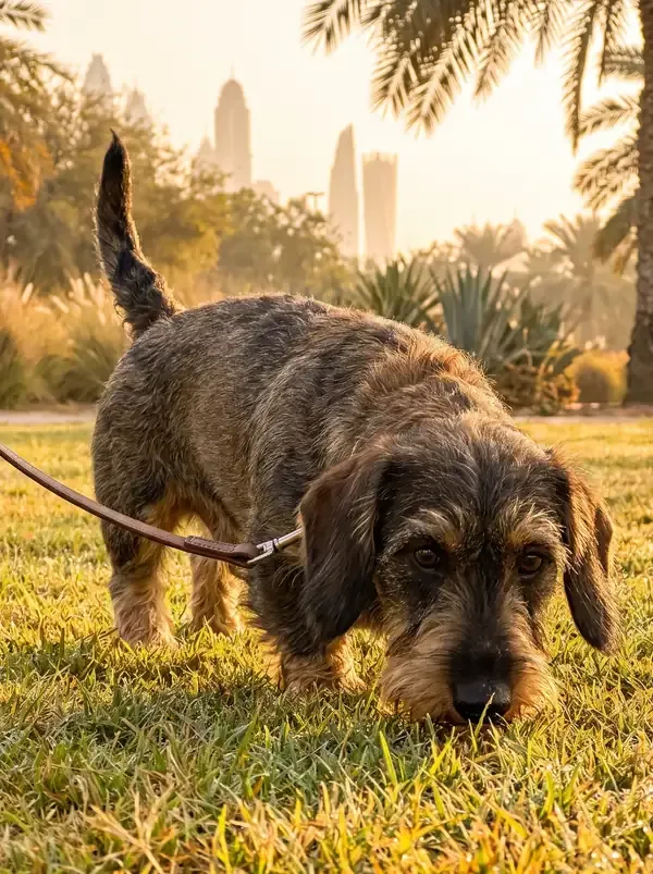 Dachshund in Dubai, a wire-haired adult on a lead, nose to the grass in a park at dawn, palms and towers behind