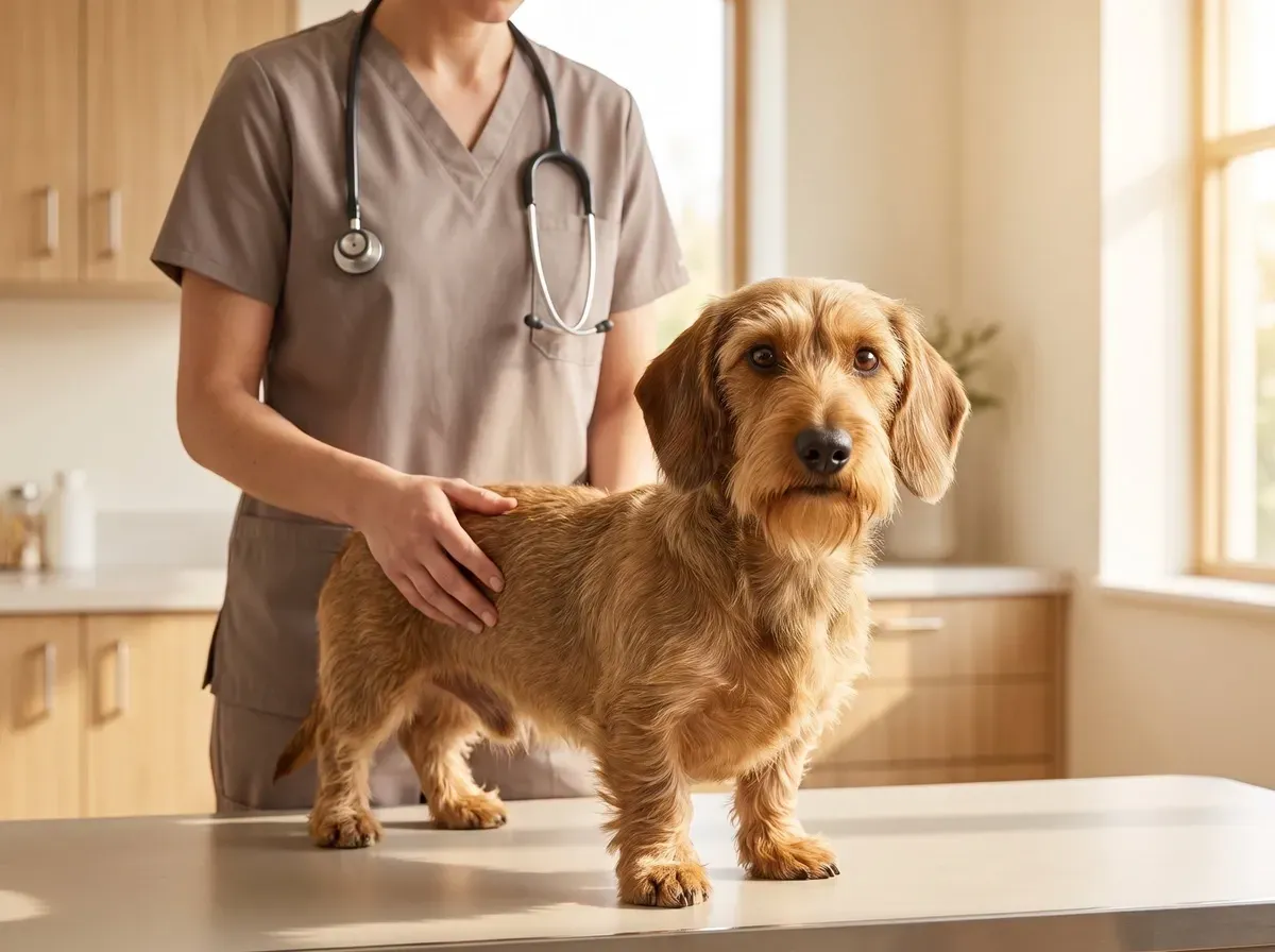 Dachshund, a wire-haired adult standing on a table as a vet in taupe scrubs supports the dog's back