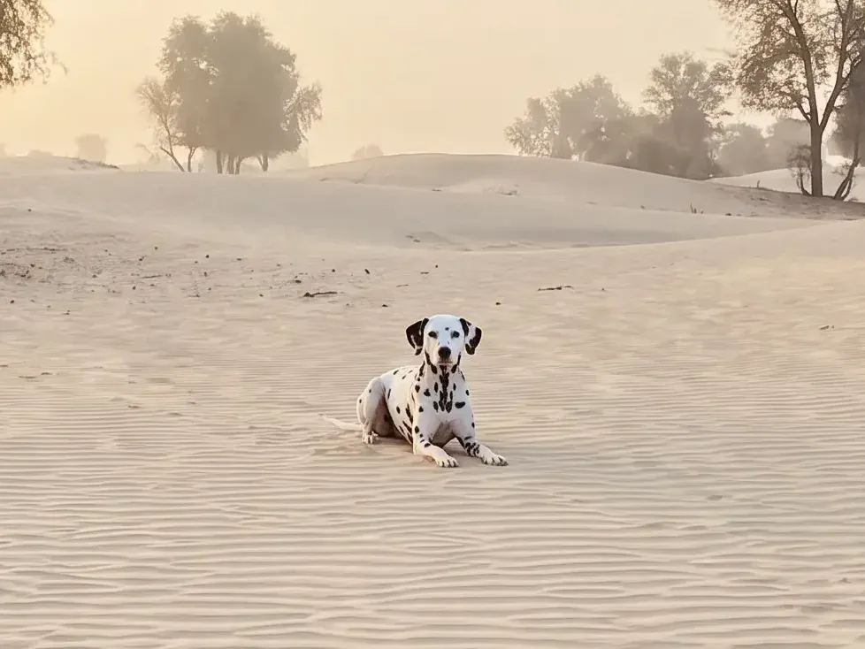 Dalmatian in Dubai, a black-spotted adult lying with head up on rippled desert sand