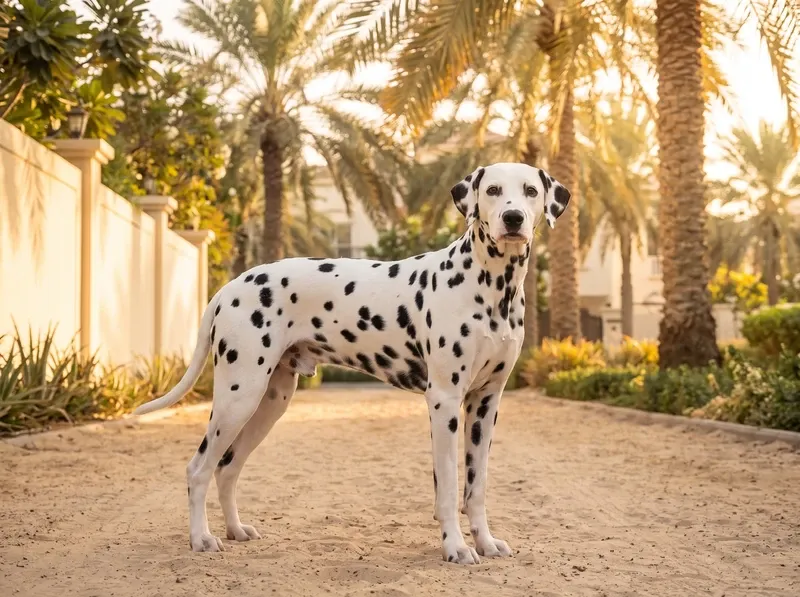 Dalmatian in Dubai, a black-spotted adult standing on a sandy palm-lined villa path at golden hour