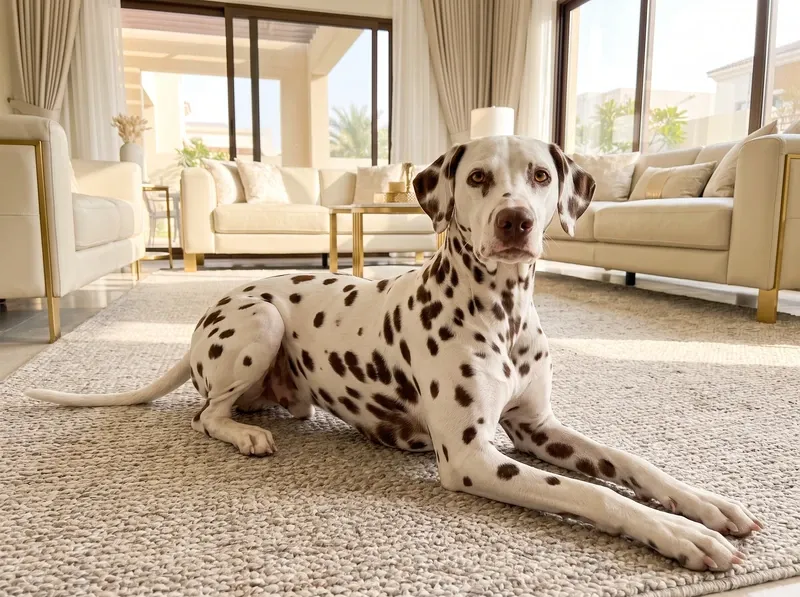 Dalmatian in Dubai, a liver-spotted adult lying on a stone-coloured rug in a villa living room, palms outside
