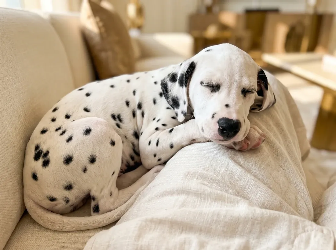 Dalmatian, a puppy asleep in a pet parent's lap on a cream sofa