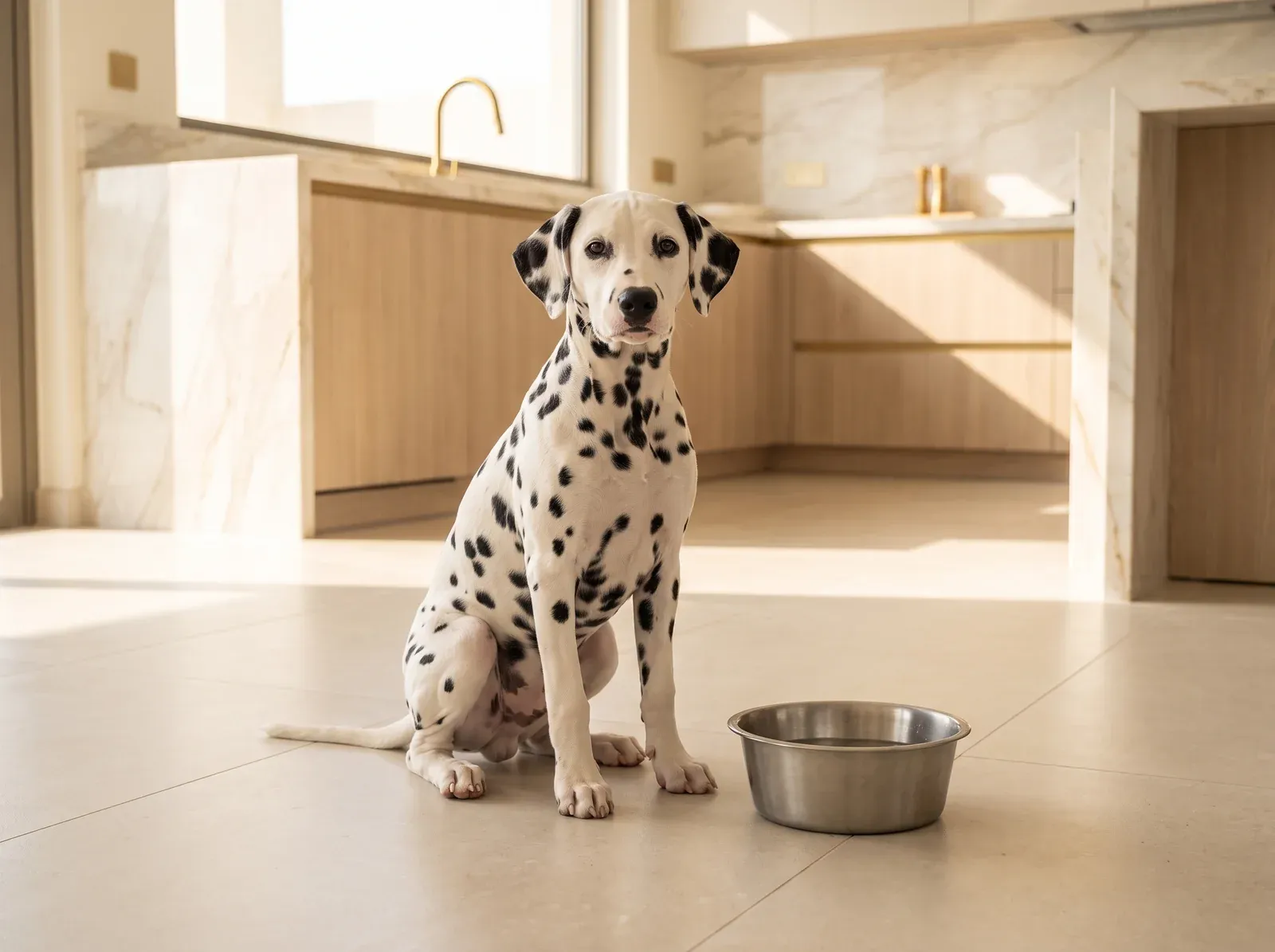 Dalmatian, a young dog sitting beside a steel water bowl on pale kitchen tiles