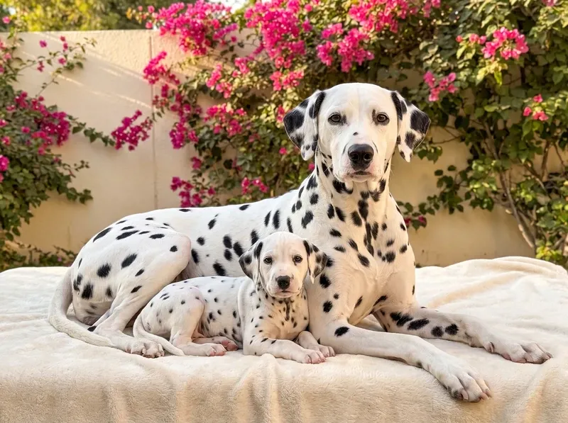 Dalmatian, a mother and puppy lying on a cream blanket by a bougainvillea wall